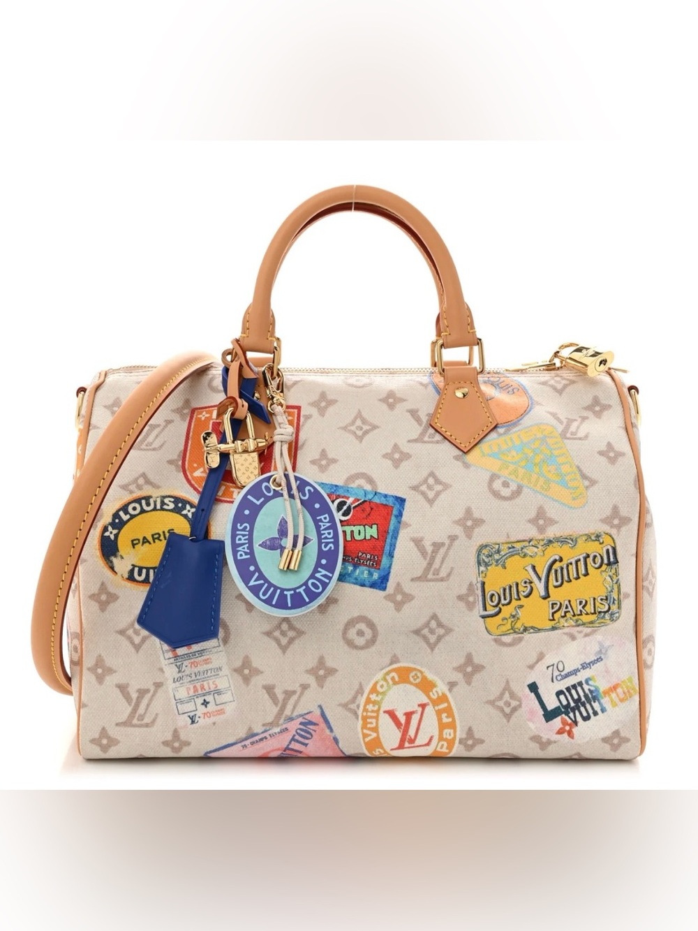 LV Beige Monogram Canvas Tote with Blue Tag Accents